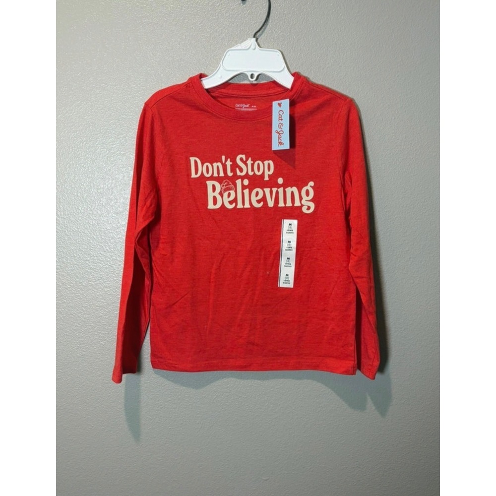 Cat & Jack Kids Red Long Sleeve Don't Stop Believing Graphic Tee Shirt Size M 8